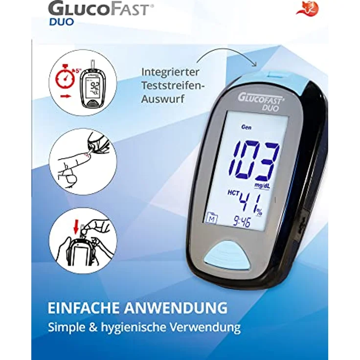 GLUCOFAST Duo Blutzuckermessgerät Starter-Set, inkl. 10 Teststreifen & Lanzetten, präzise Blutzucker- und Hämatokritbestimmung, hygienische Anwendung – Bild 4