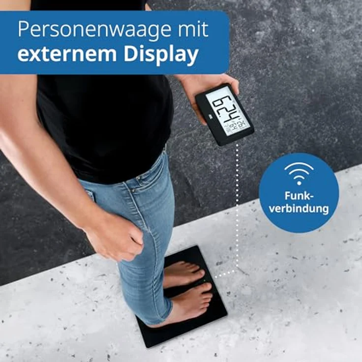 ADE Digitale Personenwaage Ronja mit Funk-Display bis 180 kg, ablesbar auf Augenhöhe, ideal für Senioren, mit Baduhr, Hygrometer und Innenthermometer, schwarz – Bild 2