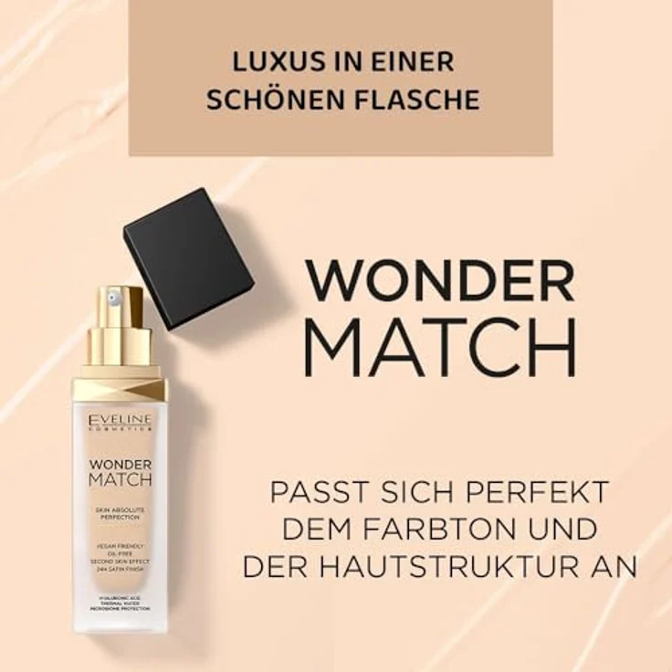Eveline Cosmetics Wonder Match, langlebiges Flüssig Make-up mit Hyaluronsäure und ausgezeichneter Abdeckung, Farbton 35 Sunny Beige, 30 ml – Bild 3
