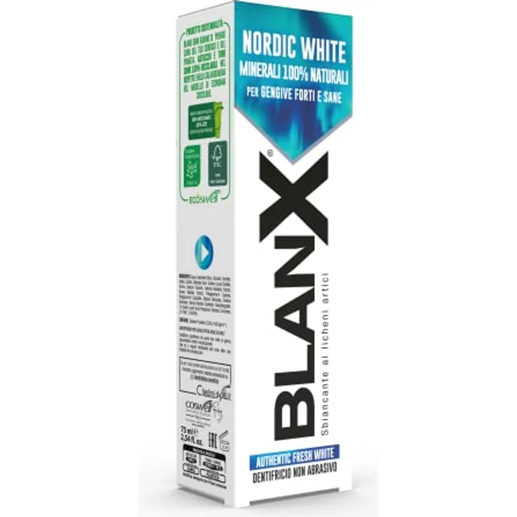 BlanX, Nordic White Zahnpasta Anti-Flecken, mit 100% natürlichen Minearls, beruhigend und regenerierend, sofortige Frische, Format 75 ml, 12 Packungen – Bild 1
