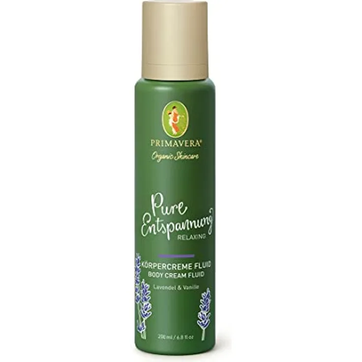 PRIMAVERA Pure Entspannung Körpercreme Fluid 200 ml – Body Lotion, Naturkosmetik – Lavendel, Vanille Duft – beruhigend, nährend, glättend – vegan