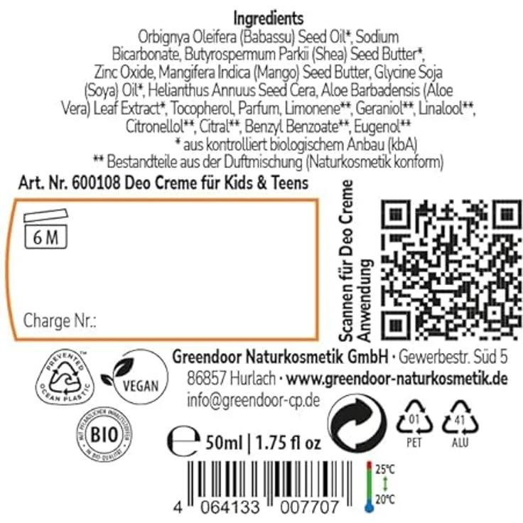 GREENDOOR Deo Creme für Kids & Teens, 50 ml, vegan, natürliche Formel mit Babassu-Öl und Sheabutter, ohne Aluminiumsalze und Alkohol, hautmild und pflegend – Bild 4