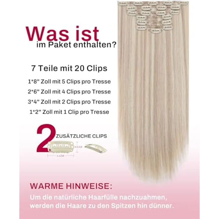 Moresoo Clip in Extensions Echthaar 120g, Aschblond mit 7 Doppel-Tressen, 45cm Remy-Echthaar – Bild 3