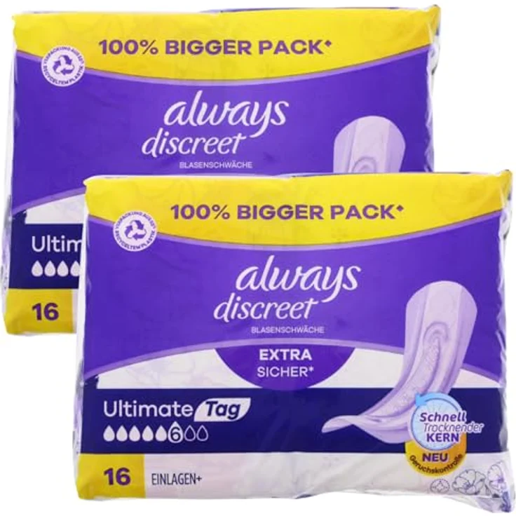 Always Discreet Extra Sicher Ultimate Tag, 2 x 16 Inkontinenz Einlagen Extra Lang, ultra dünner RapidDry Kern, langanhaltender Geruchsverschluss – Bild 1