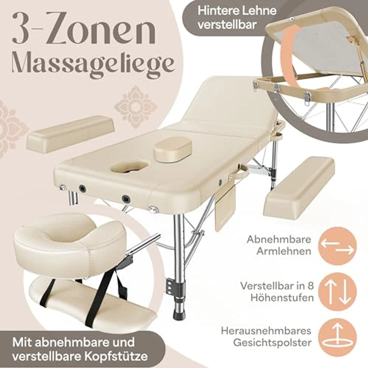 KESSER® Massageliege 3 Zonen, klappbar und verstellbar bis 250kg, tragbarer Koffer, Kosmetik- und Therapieliege, Alu-Kopfstütze, inklusive Tragetasche, Anti-Rutsch, 60cm, Beige – Bild 3