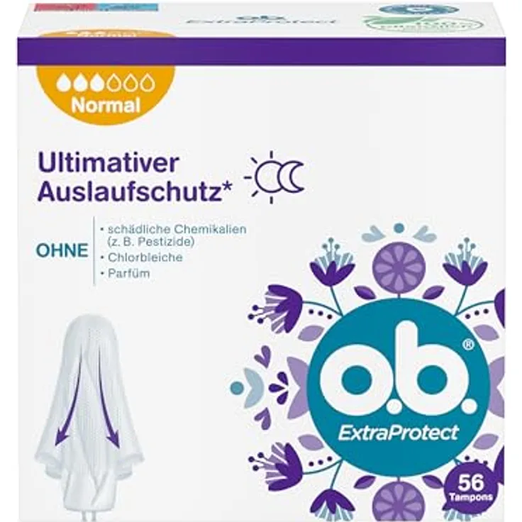 o.b. ExtraProtect Tampons Normal, mit extra Schutzflügeln und Dynamic Fit Technologie, 100% pflanzlich basierter Tamponkern, gynäkologisch getestet