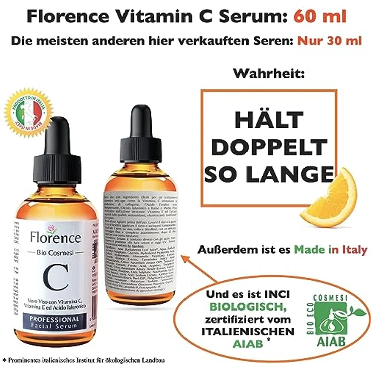 Florence BIO Hyaluron Serum mit Vitamin C/E hochkonzentriert für den Dermaroller geeignet mit organischen Anti-Aging Inhaltsstoffen – Bild 2