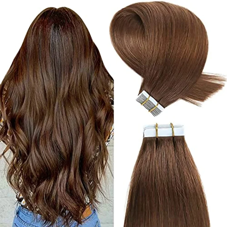 YILITE Tape Extensions Echthaar, Mittelbraun 50cm, 20 Stück/Packung, 50g, Invisible Seidig Gerade Skin Weft – Bild 1
