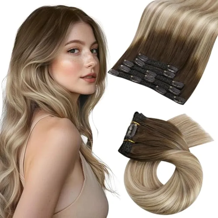 Moresoo Clip In Extensions Echthaar 45 cm, Nahtlos und Seidig Glatt, Balayage Braun Kastanienbraun Mittelblond, 7 Stück, 120 g Voluminös Remy für Hochzeit und Alltag #3/8/22