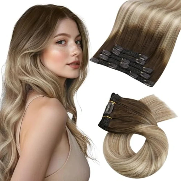 Moresoo Clip In Extensions Echthaar 45 cm, Nahtlos und Seidig Glatt, Balayage Braun Kastanienbraun Mittelblond, 7 Stück, 120 g Voluminös Remy für Hochzeit und Alltag #3/8/22 – Bild 1
