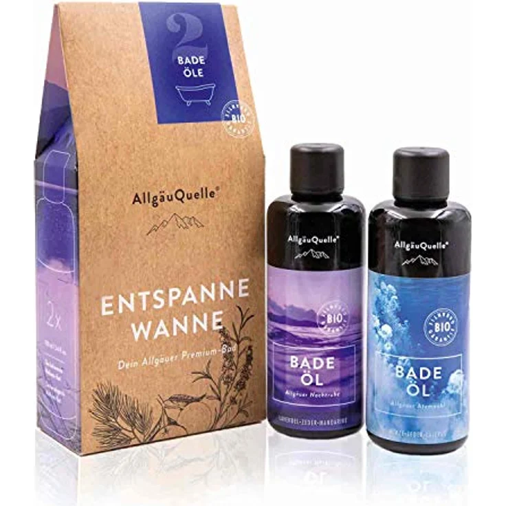 AllgäuQuelle® Bio Badeöl-Set, 2x100ml, mit ätherischen Ölen - Allgäuer Atemwohl und Allgäuer Nachtruhe, naturrein und biologisch, pflegend für trockene Haut – Bild 1