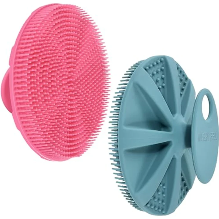 INNERNEED Körperschrubber aus weichem Silikon, Duschbürste mit sanftem Peeling und ergonomischem Griff, Set Dunkelgrün+Pink – Bild 1