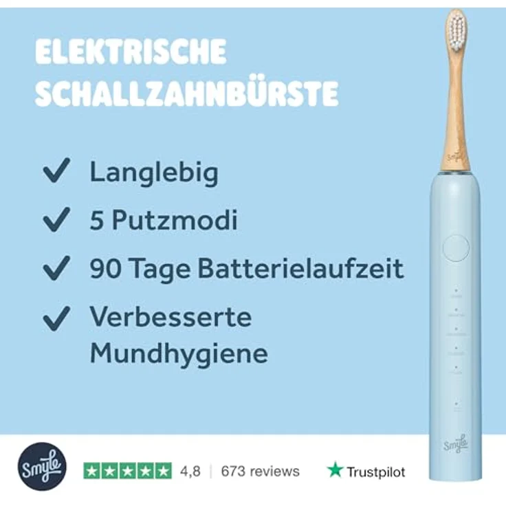 Smyle Schallzahnbürste mit Sensor – 3 Monate Akkulaufzeit, intelligenter Timer, 5 Putzmodi, wasserdicht, blau – Elektrische Zahnbürste mit lebenslanger Garantie – Bild 2