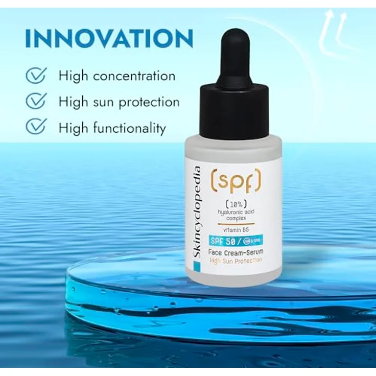 Skincyclopedia Sonnenschutz Hyaluron Serum, LSF 50 Gesichtsserum mit 10% Hyaluron-Komplex und Vitamin B5, Face Sun Protection with SPF 50, UVA und UVB, Sonnenschutz mit hohem Breitspektrumschutz, 30ml – Bild 4