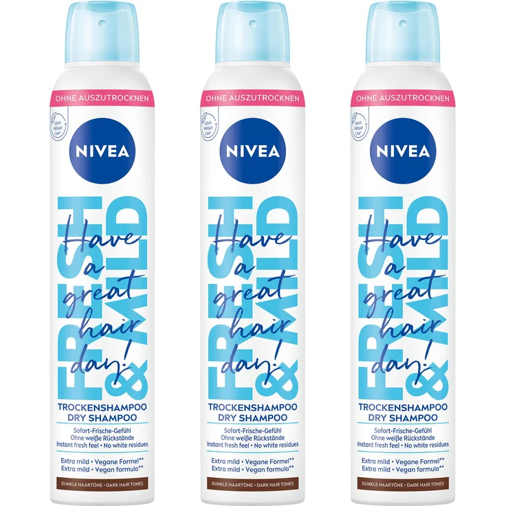 NIVEA Trockenshampoo Hair Care Fresh & Mild, für dunkle Haartöne, mild vegan, 3 x 200ml