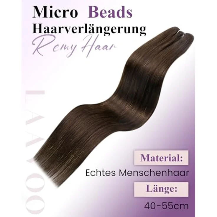LaaVoo Micro Weft Extensions, Echthaar Braun 12 Zoll, Remy Menschliches Haar, Micro Bead Haarverlängerung, Unsichtbar, #4, 50g, 50cm – Bild 5