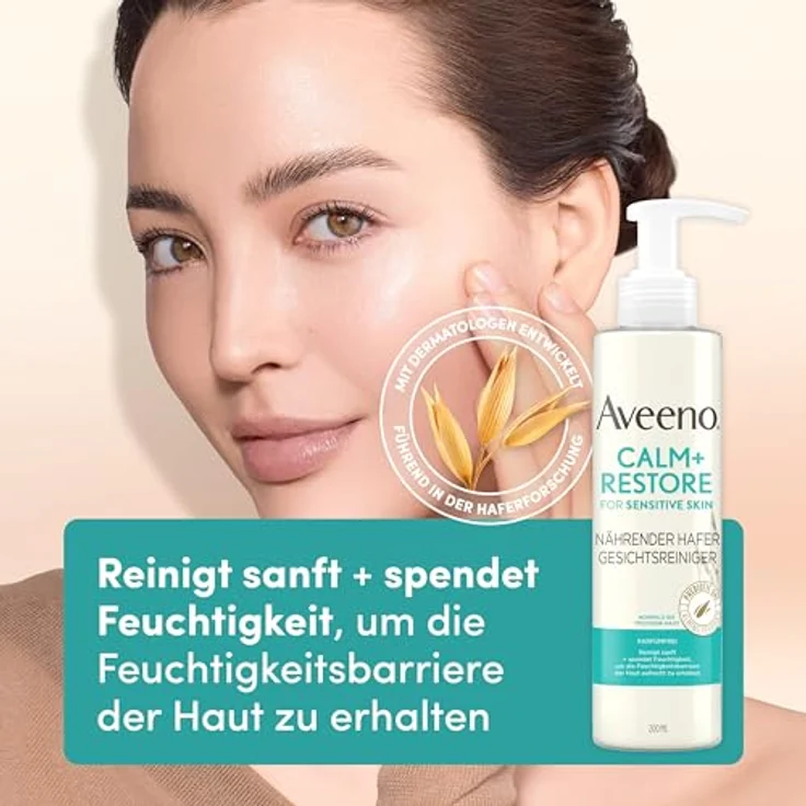 Aveeno CALM+RESTORE nährender Hafer Gesichtsreiniger (200 ml), parfümfreie & sanfte Gesichtsreinigung für empfindliche Haut mit präbiotischem Hafer & beruhigendem Mutterkraut, hypoallergen & frei von Duftstoffen – Bild 2