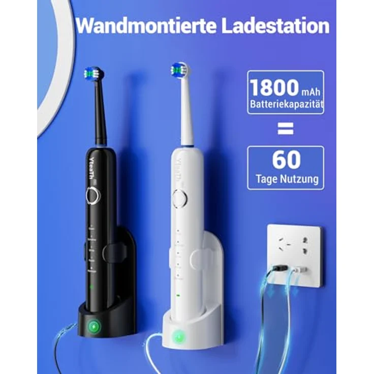 YTEATH PRO Rotierende Elektrische Zahnbürste für Erwachsene und Kinder mit 10 Aufsteckbürsten, 5 Putzmodi, Wandhalterung Ladestation, 60 Tage Akkulaufzeit (Schwarz+Weiß) – Bild 5