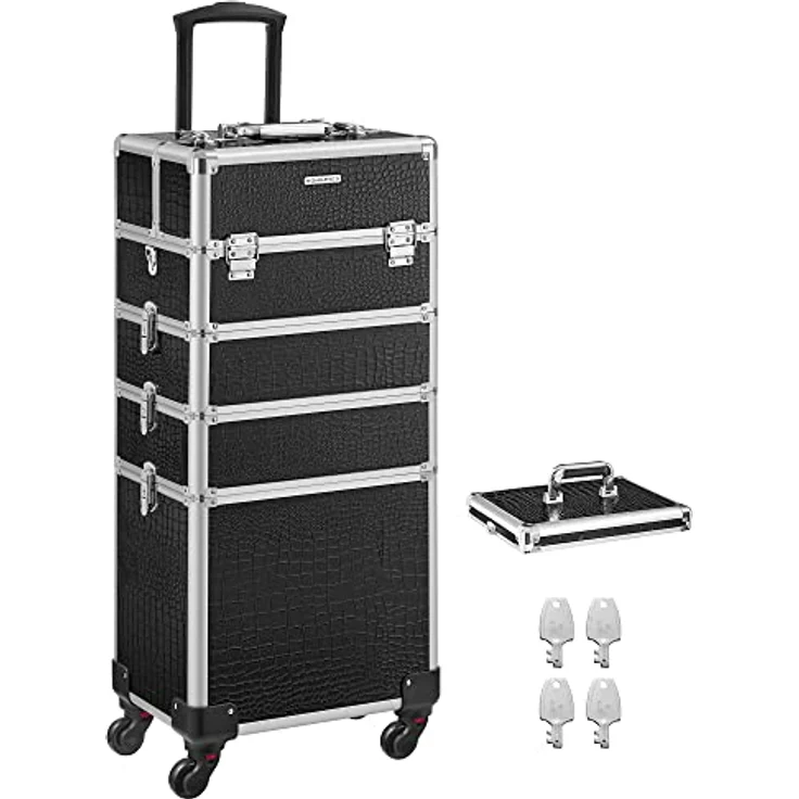 SONGMICS Alu Trolley, Kosmetikkoffer mit Rollen, Friseurkoffer, Schminkkoffer ohne Inhalt, Handgepäck, Beauty Case, 4 in 1, XXL, schwarz JHZ06B - Robuster Beauty Case mit Aluleiste, geräumige Aufteilung und Abschließfunktion – Bild 1
