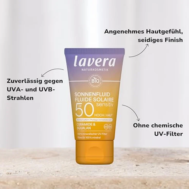 lavera Sonnenlotion Sensitiv LSF 50, Sonnencreme für Gesicht und Dekolleté ohne chemische UV-Filter, vegan, 40 ml – Bild 3