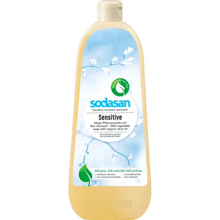 SODASAN Flüssigseife Sensitiv, 1 l, hautmilde & duftneutrale Handseife für empfindliche Haut, pH-Wert 9,4-10,2, ohne Farb- oder Konservierungsstoffe