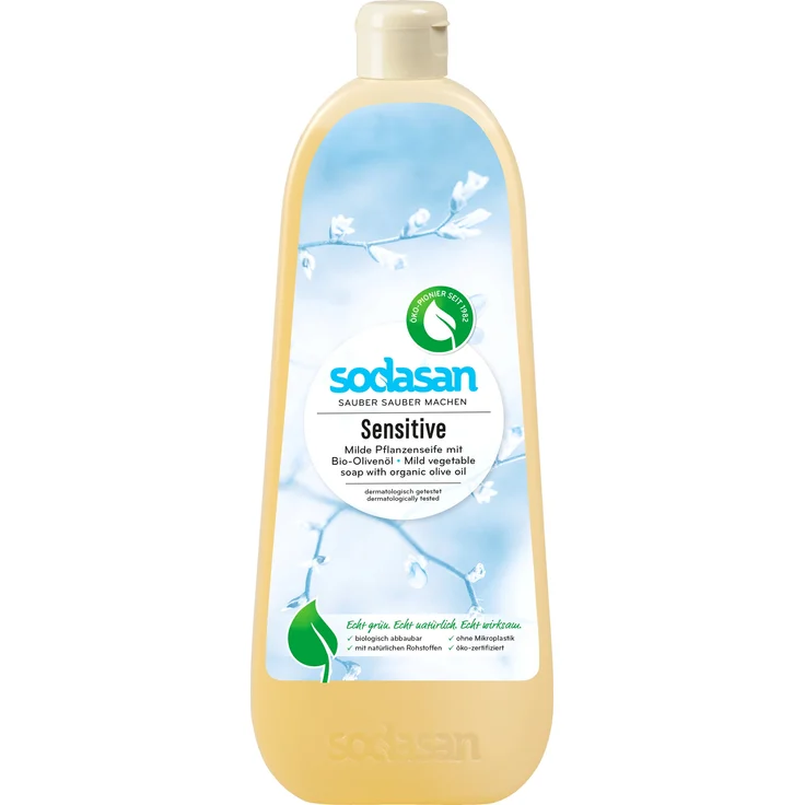 SODASAN Flüssigseife Sensitiv, 1 l, hautmilde & duftneutrale Handseife für empfindliche Haut, pH-Wert 9,4-10,2, ohne Farb- oder Konservierungsstoffe