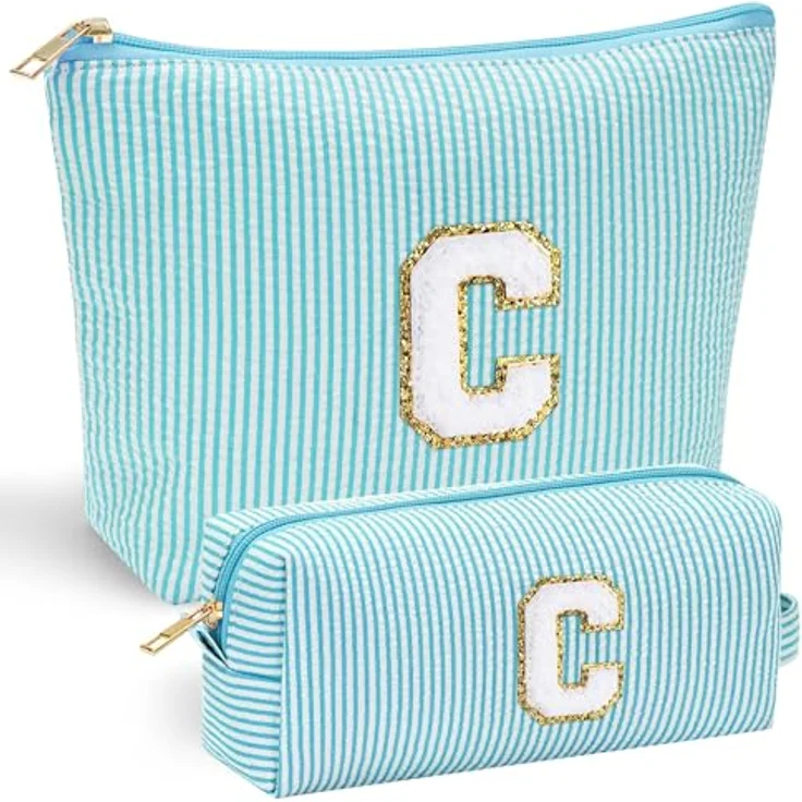 Parima Kosmetiktasche Set, 2 Stück Make-Up Taschen, personalisierte Schminktaschen mit Buchstaben C, praktische Größe 28x19x8,5 cm & 21,6x6,5x9 cm, erhältlich in Blau und Lila – Bild 1