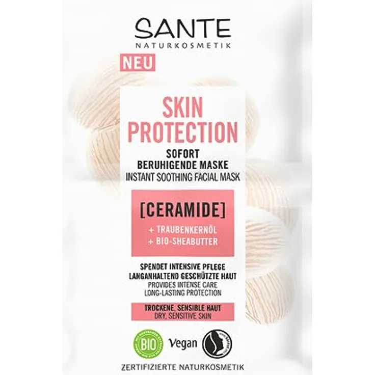 SANTE Naturkosmetik Skin Protection Sofort beruhigende Maske mit Ceramiden, Traubenkernöl & Bio-Sheabutter, feuchtigkeitsspendende Gesichtsmaske, vegane Pflegemaske für geschmeidige Haut, 8ml