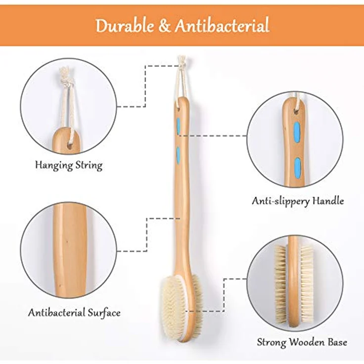 URAQT Doppelseitige Rückenbürste, Naturborsten Badebürste mit langem Holzgriff für Peeling und Massage, 44 cm – Bild 4