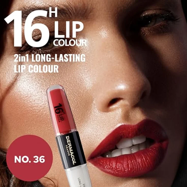 Dermacol 16H Lip Colour Langanhaltender, glänzender Lippenstift, Farbton 36 Coral Sunset, 2x4 ml – Bild 4