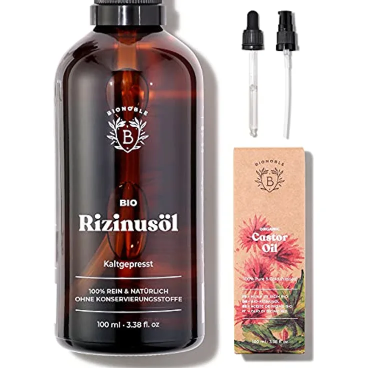 Bionoble Rizinusöl Bio 100ml - 100% Rein, Natürlich und Kaltgepresst - Wimpern, Augenbrauen, Haare, Bart, Nägel - Vegan und Cruelty Free - Castor Oil - Glasflasche + Pipette + Pumpe