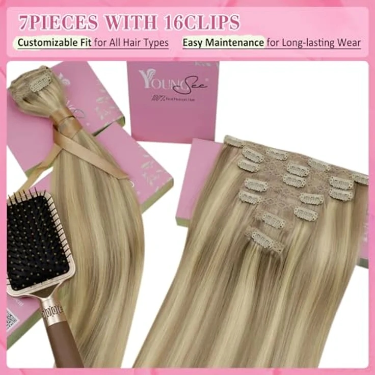 YoungSee Echthaar Extensions Clip-In, 50 cm, 120 g, Goldblond #16/22, geeignet für Volumen und Länge – Bild 4
