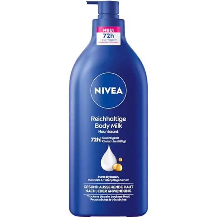 NIVEA Reichhaltige Body Milk, intensiv pflegende Körpercreme mit purem Hyaluron, Mandelöl und Tiefenpflege Serum für trockene Haut, 625 ml – Bild 1
