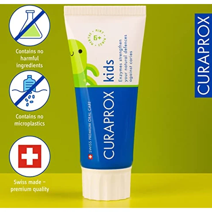 Curaprox Kids Minze, Zahnpasta für Kinder ab 6 Jahren mit mildem Minzgeschmack, 1450 ppm Fluorid, RDA 40, Pink, 60 ml – Bild 3