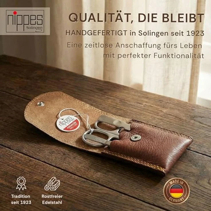 Nippes Classic Maniküre-Set braun, inkl. Kombinierte Haut- und Nagelschere, Saphirfeile & Pinzette, aus rostfreiem Stahl, Rindleder-Etui – Bild 4