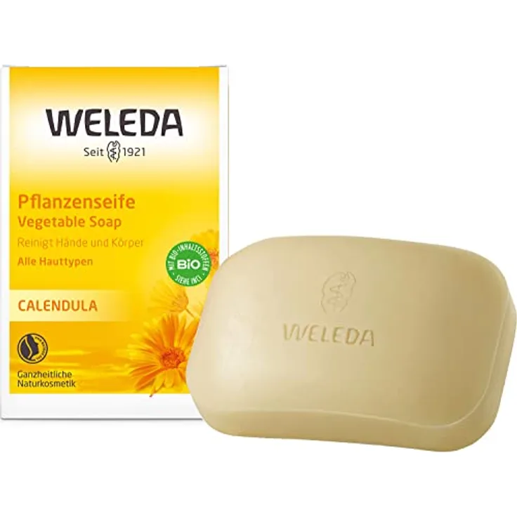 WELEDA Bio Calendula Pflanzenseife, vegane Naturkosmetik Handseife mit ätherischen Ölen reinigt und pflegt die Haut besonders sanft, erzeugt einen cremigen Schaum (1 x 100 g)