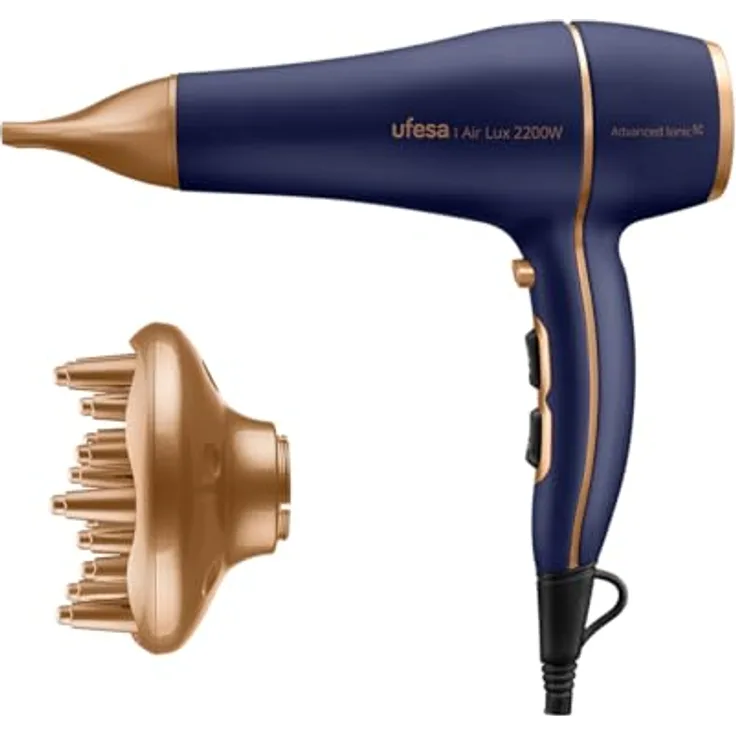 Ufesa Air Lux Professioneller Haartrockner, 2200 W AC-Motor, inkl. Diffusor und Konzentrator, 2 Geschwindigkeiten, 3 Temperaturen, Kaltluftstoß, Blau/Gold