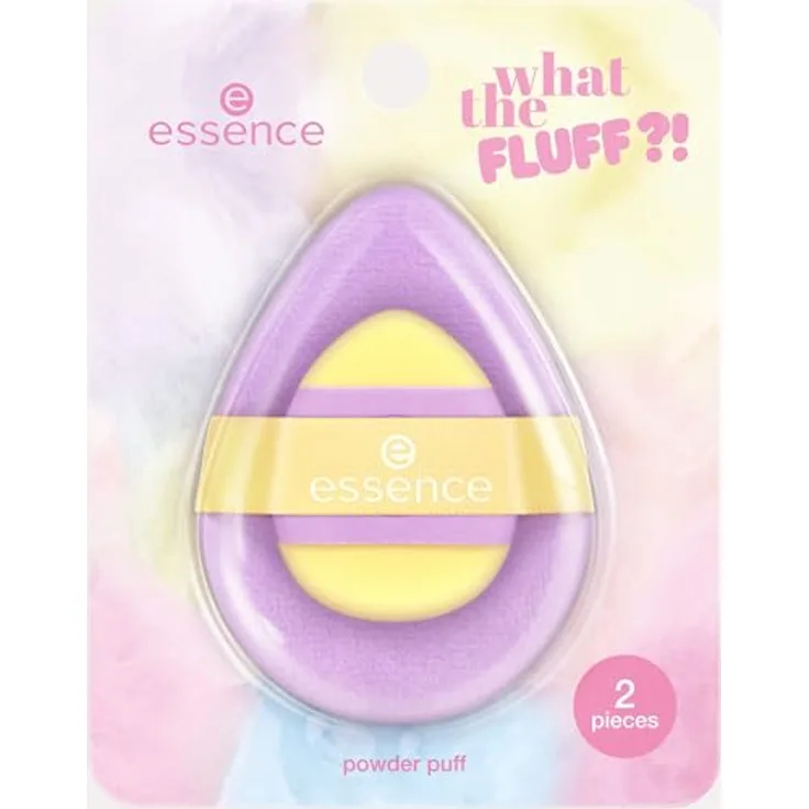 essence WHAT THE FLUFF?! powder puff, Make-up Schwämmchen, 2er Pack (1 regulär, 1 mini), weich, gelb und lila, nanopartikel frei