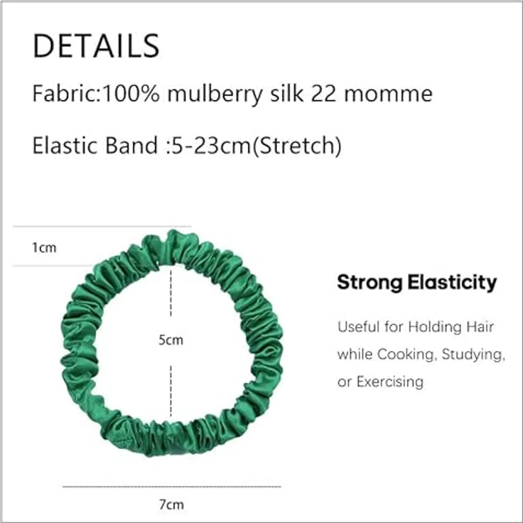 Townssilk Silk Skinnie Haargummis, 100% reine Maulbeerseide, 22 Momme, elastisch, haarfreundlich, 5er Set, grün – Bild 4