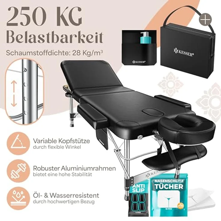 KESSER® Massageliege 3 Zonen, klappbar und verstellbar, bis 250kg, tragbar mit Koffer, schwarz, Alu-Kopfstütze und Armlehne, Anti-Rutsch Füße, 70cm – Bild 2