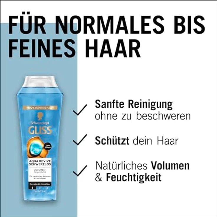 Gliss Aqua Revive Schwerelos Shampoo, Haarshampoo mit Panthenol und Meeresalgen, 250 ml für normales bis feines Haar – Bild 3