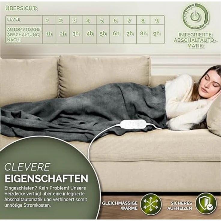 sinnlein Heizdecke aus Plüsch 200 x 180 cm grau elektrische Wärmedecke mit Abschaltautomatik und Timer 9 Temperaturstufen waschbar – Bild 7