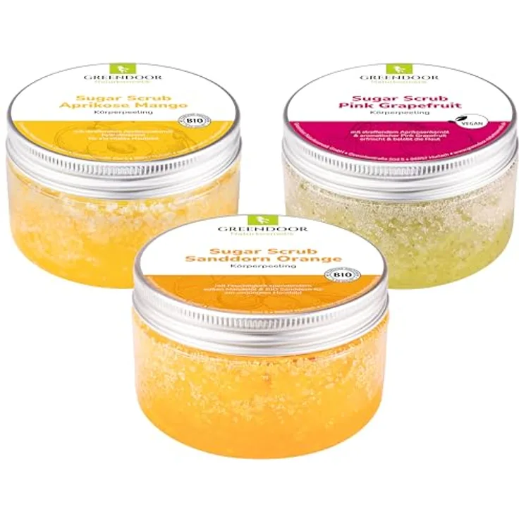 GREENDOOR Körperpeeling SPARSET Sugar Scrub FRUCHT 690g, 3 Zuckerpeeling, Naturkosmetik vegan, ohne Mikroplastik, natürliche Hautpflege