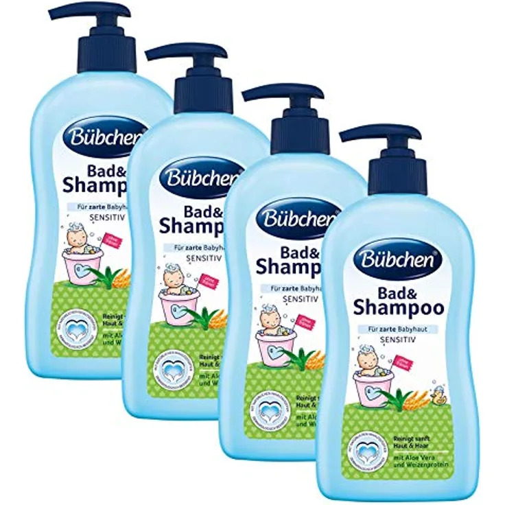 Bübchen Bad und Shampoo sensitiv, Baby Shampoo und -duschgel mit Aloe Vera und Weizenprotein, 4 x 400 ml, pflegt feine Haare und zarte Babyhaut