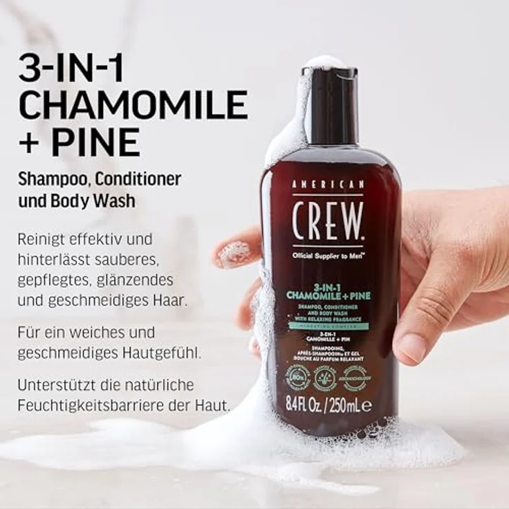 AMERICAN CREW 3-in-1 Chamomile & Pine Shampoo, Conditioner & Body Wash, 250ml - Pflegeshampoo und Duschgel für Männer, mit entspannendem Duft – Bild 3