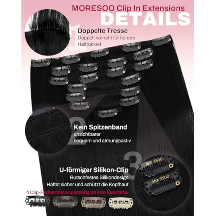 Moresoo Clip in Extensions Echthaar Tiefschwarz, 40 cm, 7 Stück, 120g, unsichtbare Haarverlängerungen für voluminöses Haar – Bild 4