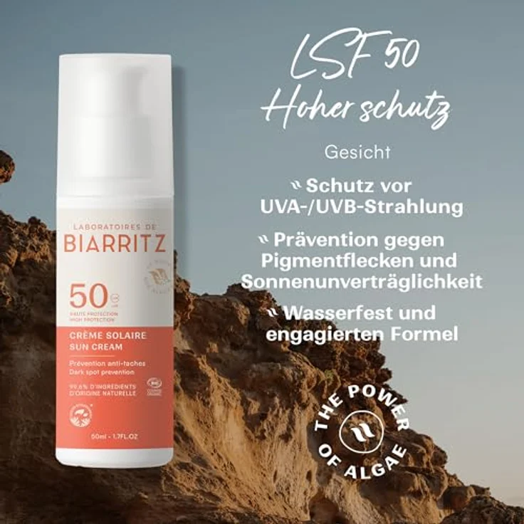 Laboratoires de Biarritz Sonnencreme Gesicht LSF50 Bio-zertifiziert, wasserfest, feuchtigkeitsspendend und mattierend, 50 ml, Made in France – Bild 2