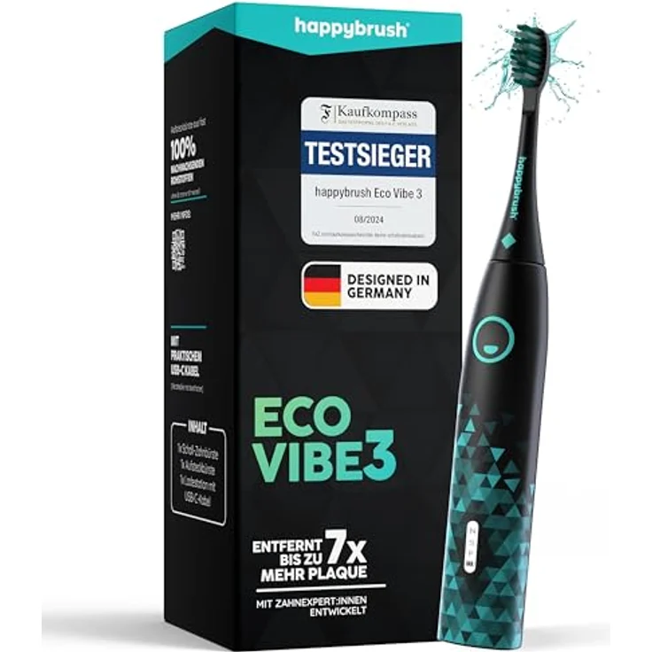 happybrush® Schallzahnbürste Eco Vibe 3, TESTSIEGER mit 3 Putzmodi, 40.000 Vibrationen/Minute, 60 Tage Akkulaufzeit, 2 Jahre Garantie, Black/Mint – Bild 1