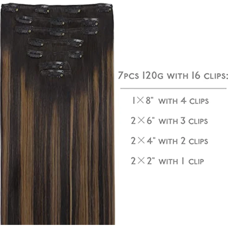 WENNALIFE Clip in Extensions Echthaar, 35cm 120g, 7pcs, Balayage Natürliches Schwarz bis Chestnut Braun, Remy Haarverlängerung – Bild 2