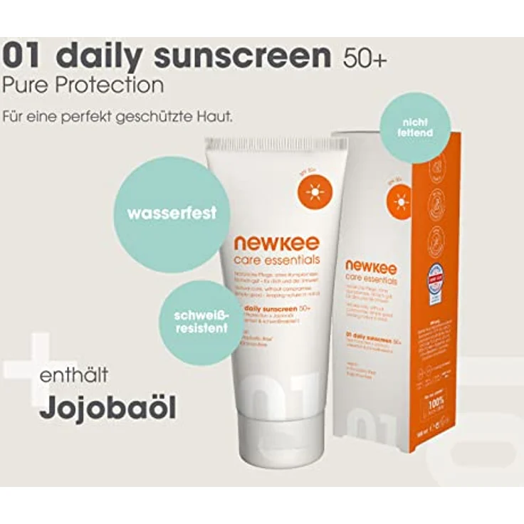 newkee Care Essentials 01 Daily Sunscreen Sonnencreme SPF 50+ (100ml) - Wasserfest, Ideal für Sportler, Parfümfrei & Vegan, Sonnenschutz entwickelt von Manuel Neuer & Angelique Kerber – Bild 3